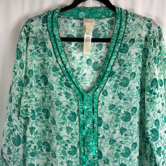 Chico's Teal Floral Sheer Blouse size: 1 - Picture 3 of 12